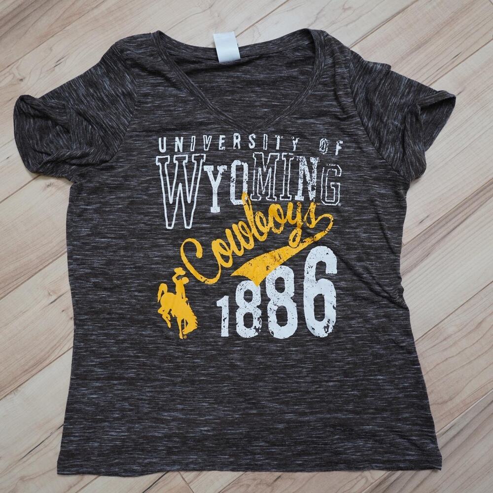 University of Wyoming 1886 V-Neck Graphic Tee Heathered Gray Vintage College XXL